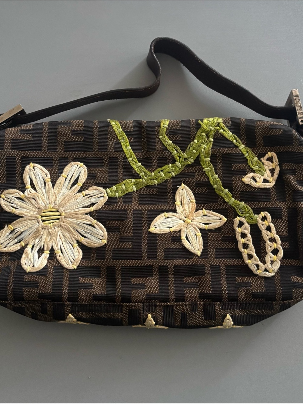 Vintage Fendi Zucca Monogram Floral Embroidered Baguette Bag - Picture 2 of 16